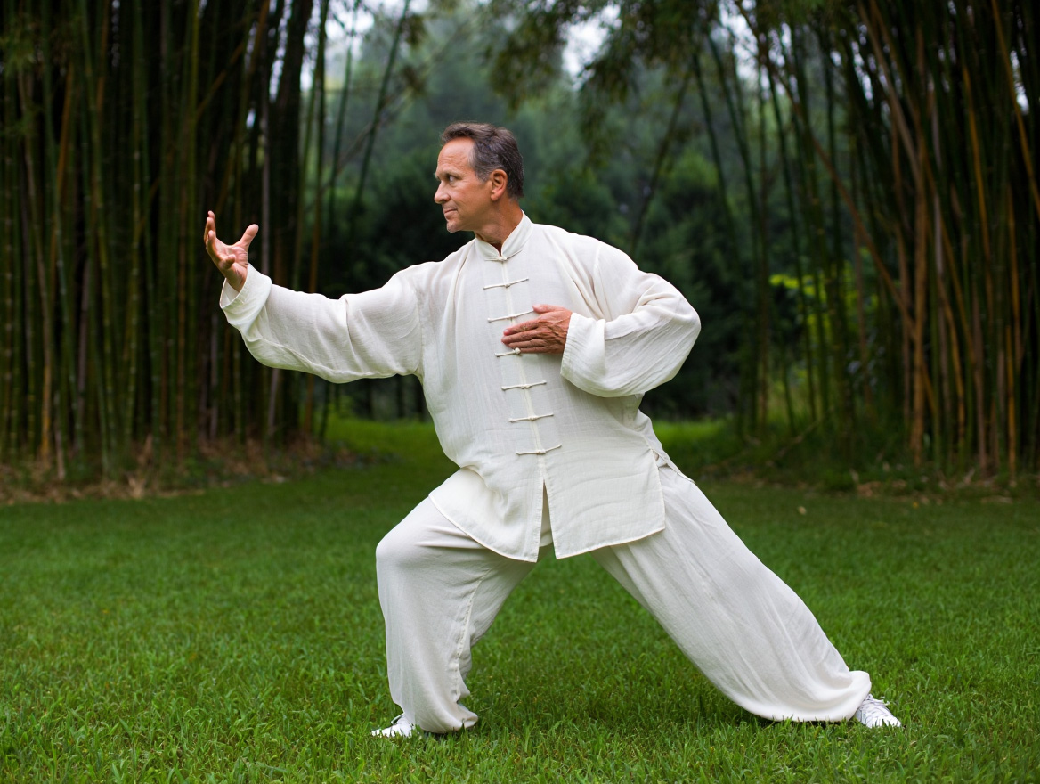 Äldre qigong mästare demonstrerar en position i naturlig miljö